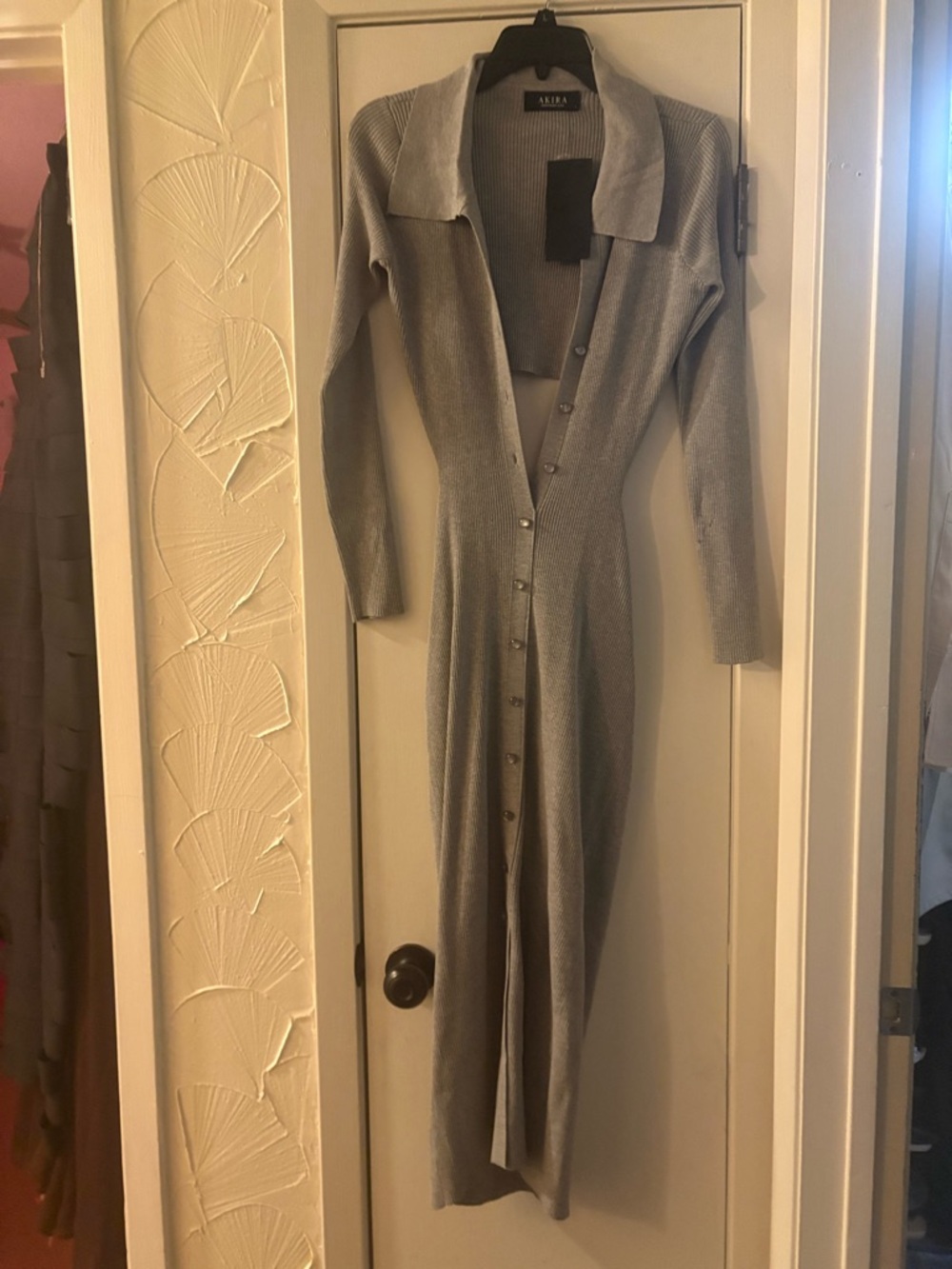 AKIRA Silver Gray Long Ribbed Button-Front Maxi Dress
